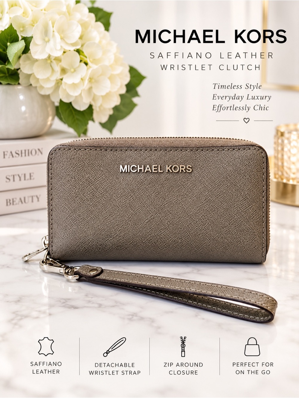 Michael Kors Saffiano Leather Taupe Wristlet Clutch
